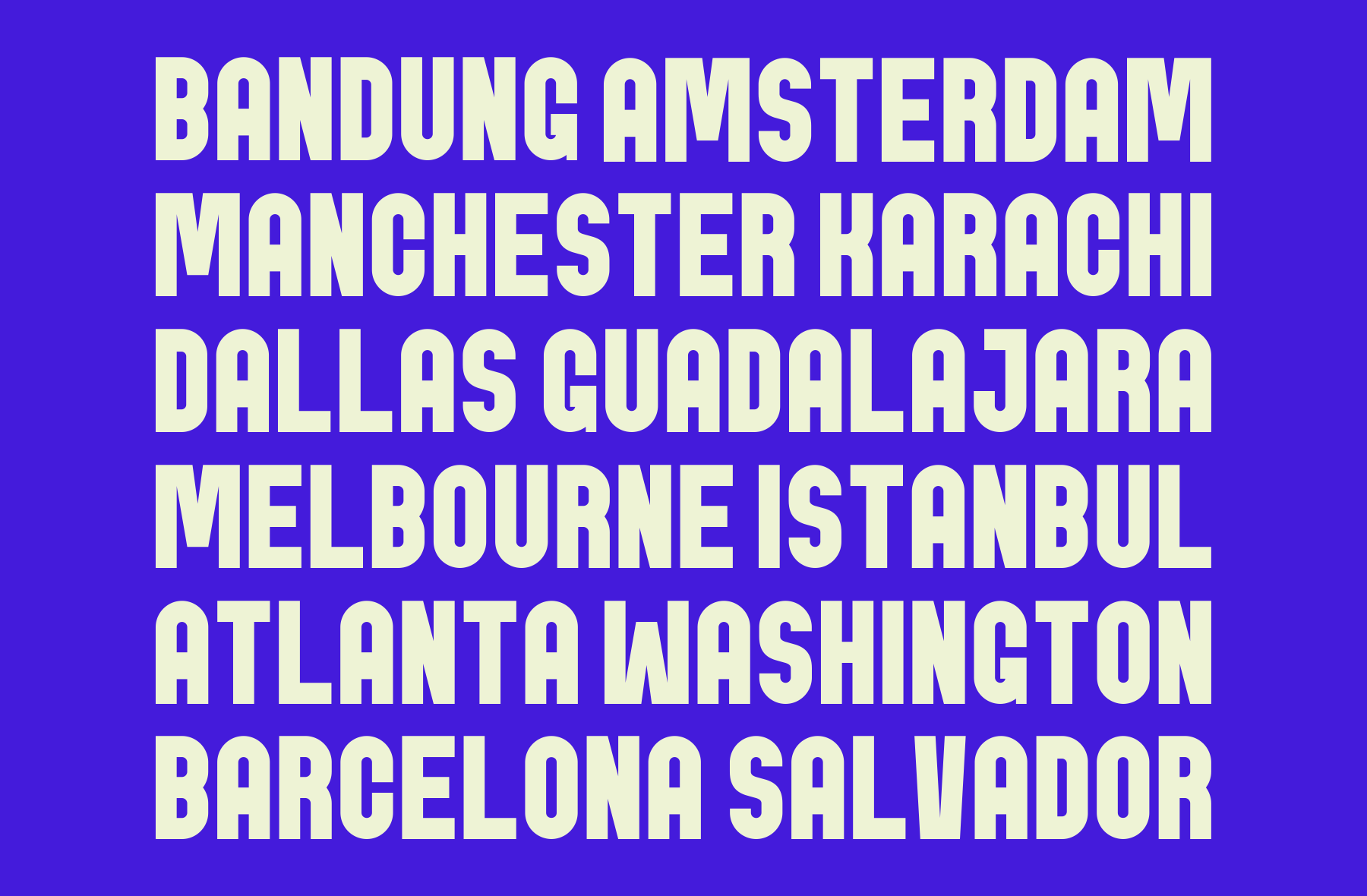 Bold cream typography listing global cities on vibrant blue background