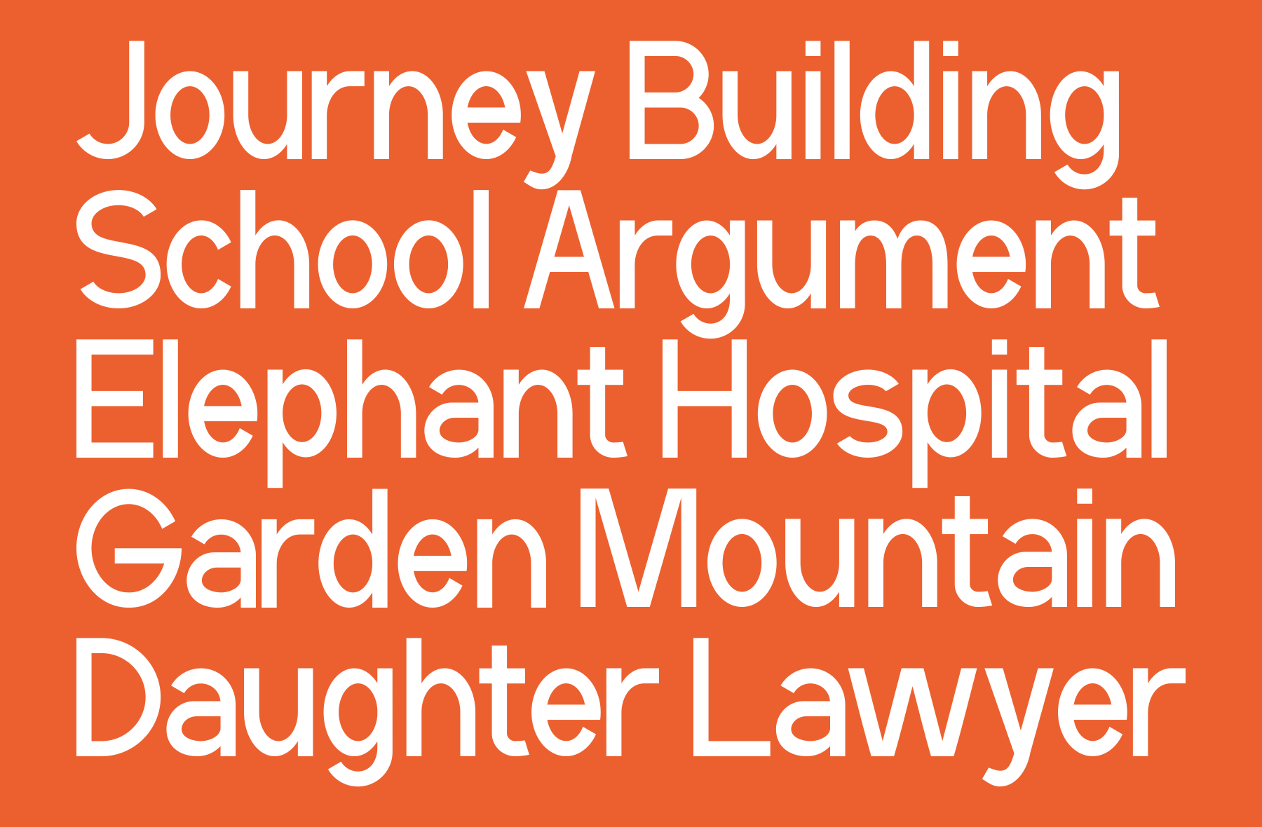 Bright orange background with white sans serif text showing random words stacked together