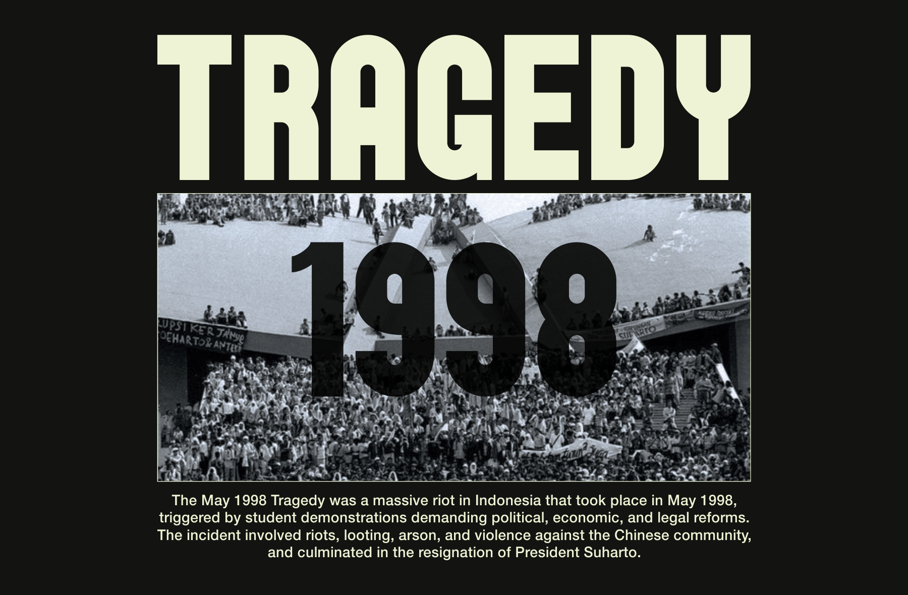 Tragedy 1998 poster with bold cream typography over black and white stadium riot photograph