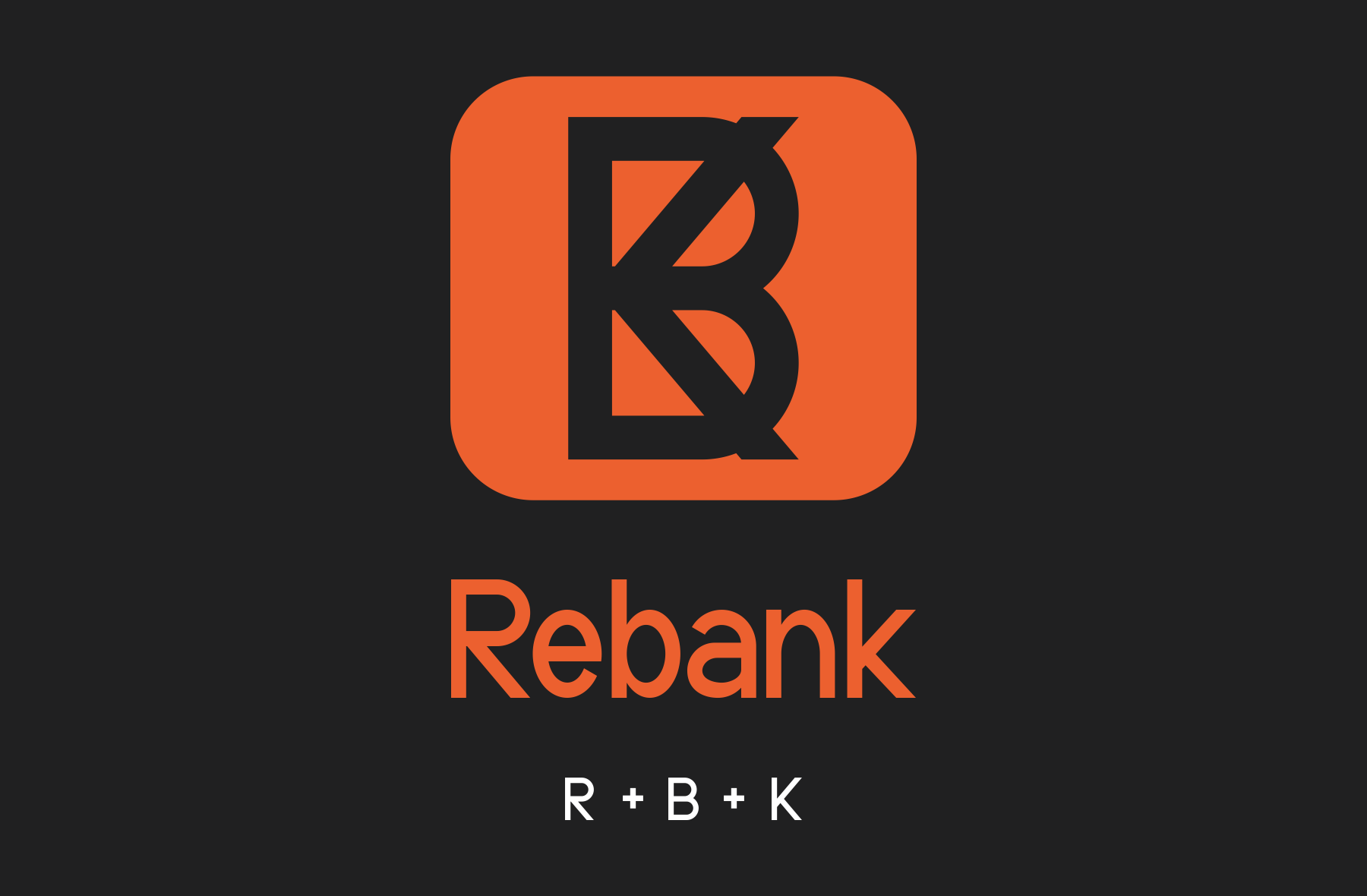Rebank logo with bold R, B, K letterforms in orange on dark background