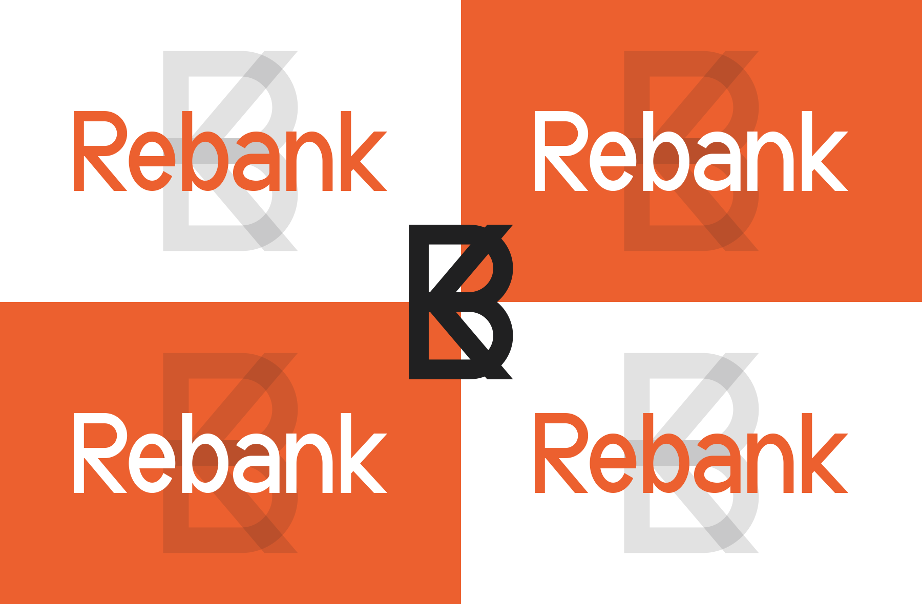 Rebank logo on split orange, white, gray background with monogram variations
