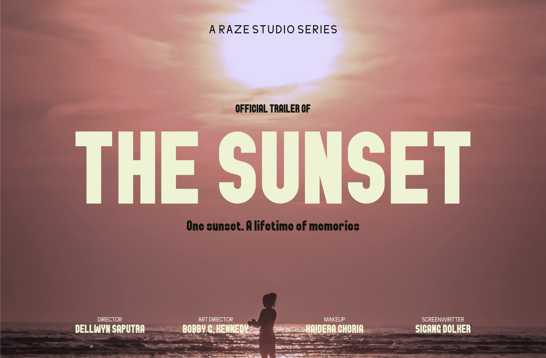 Movie trailer mockup with golden sunset sky, silhouetted figure, cream text on dusty rose background