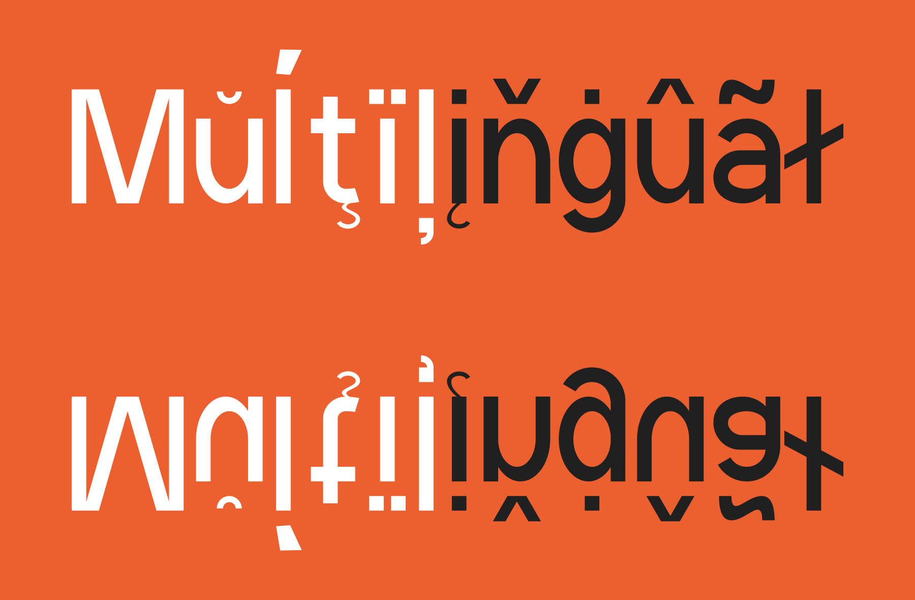 Multilingual typeface with bold white letters overlapping dark characters on bright orange background