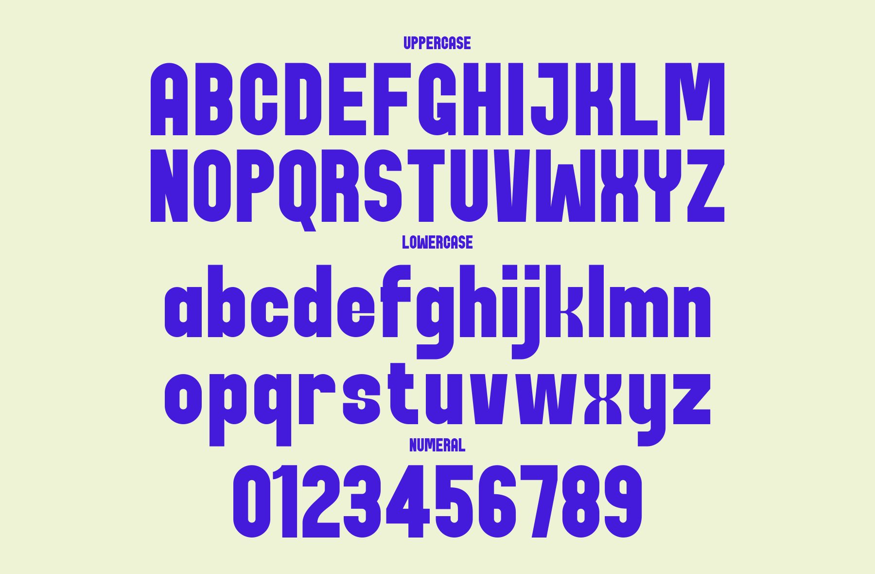 Bright blue sans serif font showing uppercase, lowercase, plus numbers on cream background