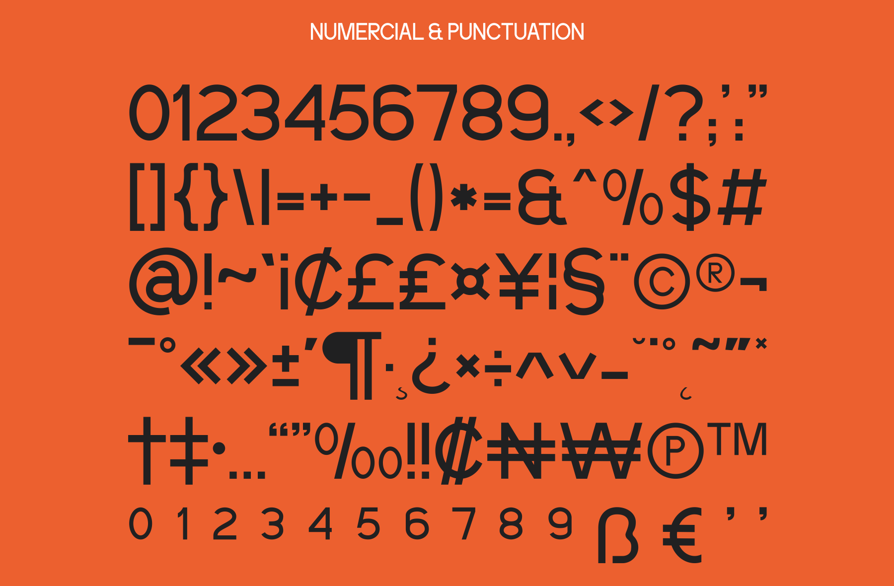 Font character set showing numerals, punctuation marks, currency symbols on bright orange background