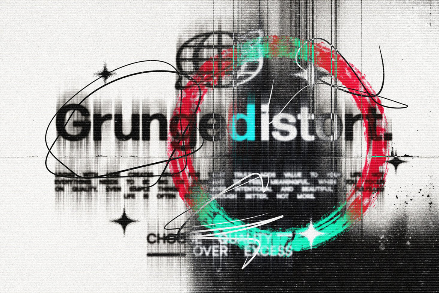Glitchy distorted typography with red, cyan, black line art overlays on grainy texture