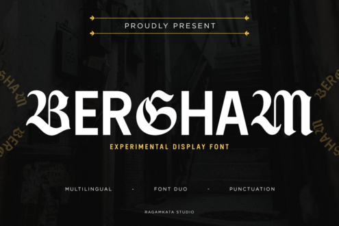 Bergsharn experimental display font presentation showing multilingual characters in white on dark background