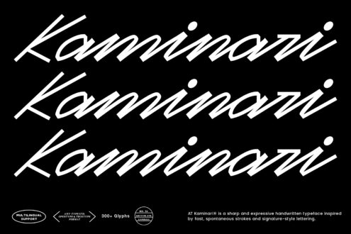 Kaminari italic typeface displayed three times on black background with multilingual support badge