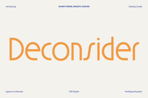 Deconsider font in bright orange with geometric letterforms on cream background