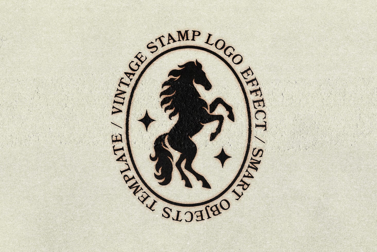 Vintage circular stamp logo with rearing horse silhouette, text border, sparkles on textured cream background