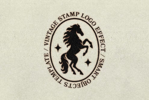Vintage circular stamp logo with rearing horse silhouette, text border, sparkles on textured cream background