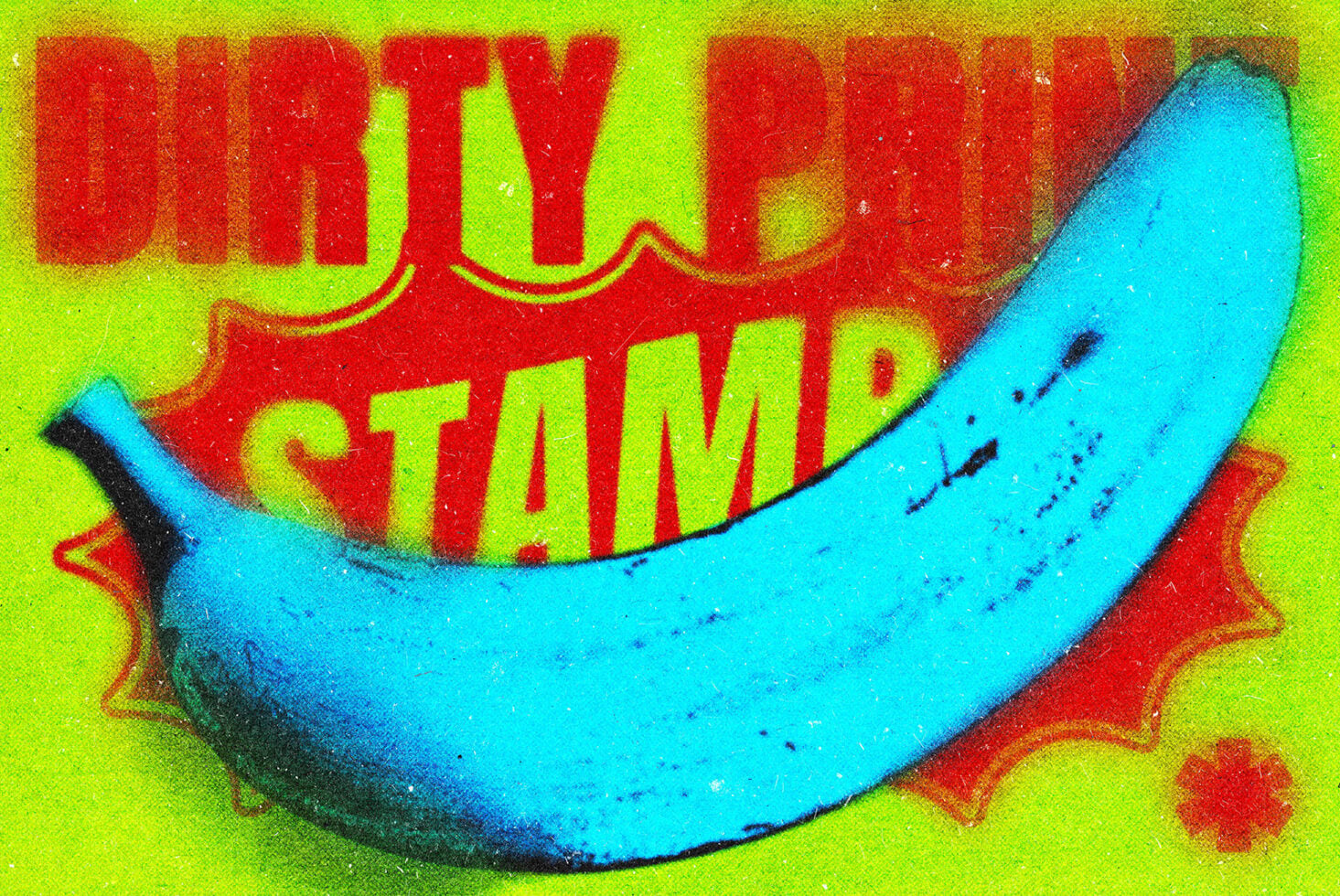 Bright pop art banana mockup with neon yellow background, red retro text, cyan fruit, grungy texture overlay