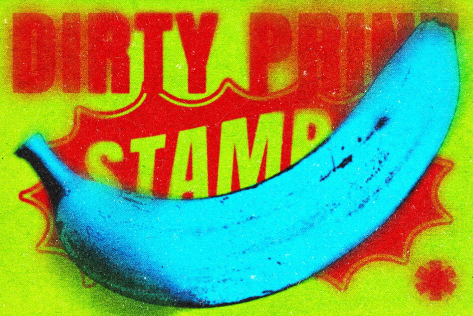 Bright pop art banana mockup with neon yellow background, red retro text, cyan fruit, grungy texture overlay