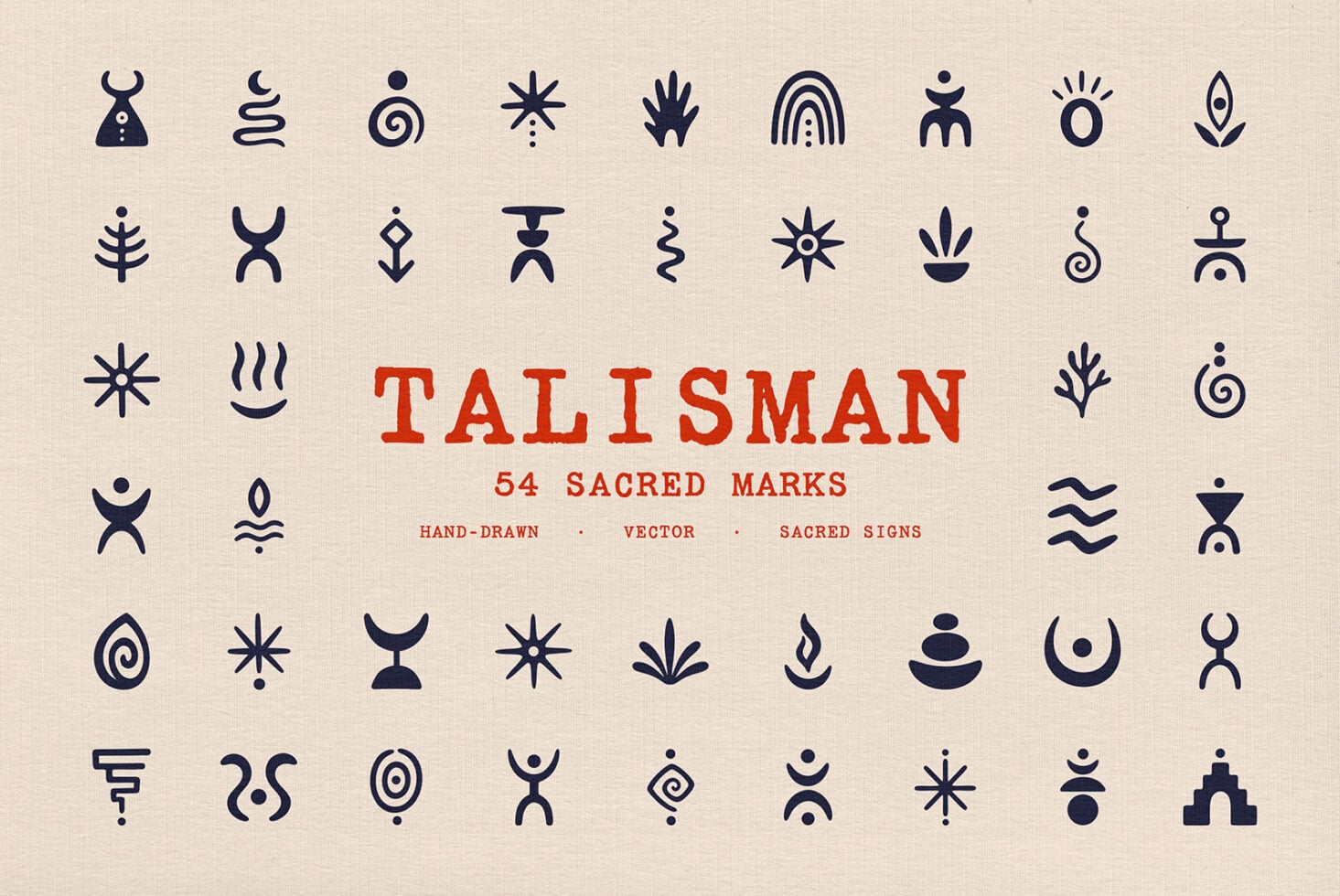 Talisman icon set with 54 hand-drawn sacred symbols in navy on cream background