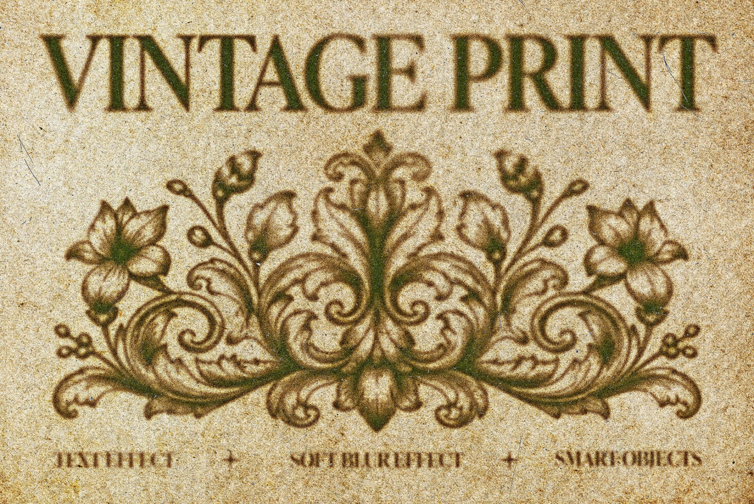 Weathered beige paper with embossed vintage serif type, ornate floral scrollwork in gold