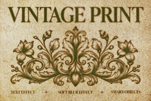 Weathered beige paper with embossed vintage serif type, ornate floral scrollwork in gold