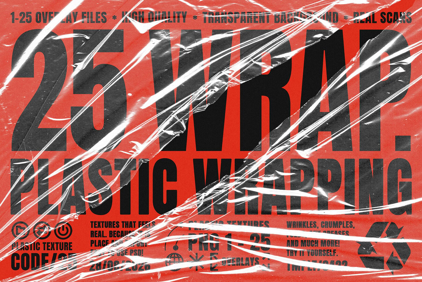 Bold red overlay pack with torn plastic wrap, distressed black typography, white diagonal lines, textured grungy surface