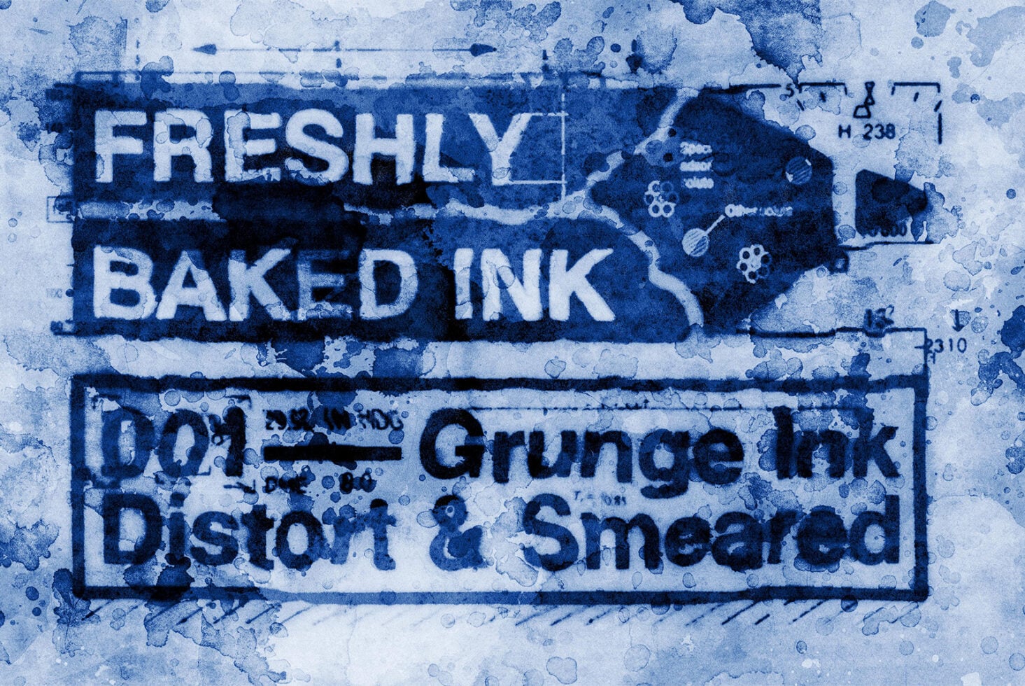 Layered blue ink texture with stacked text reading "Freshly Baked Ink" over weathered grunge background with splatters
