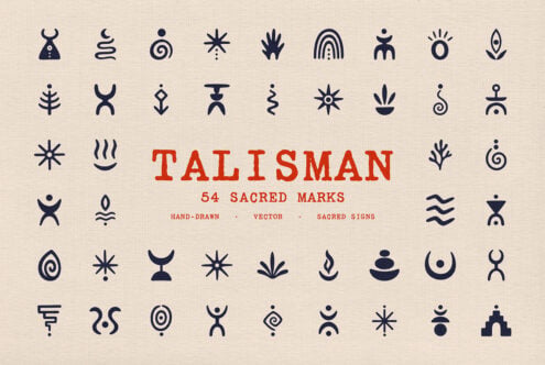 Talisman icon set with 54 hand-drawn sacred symbols in navy on cream background