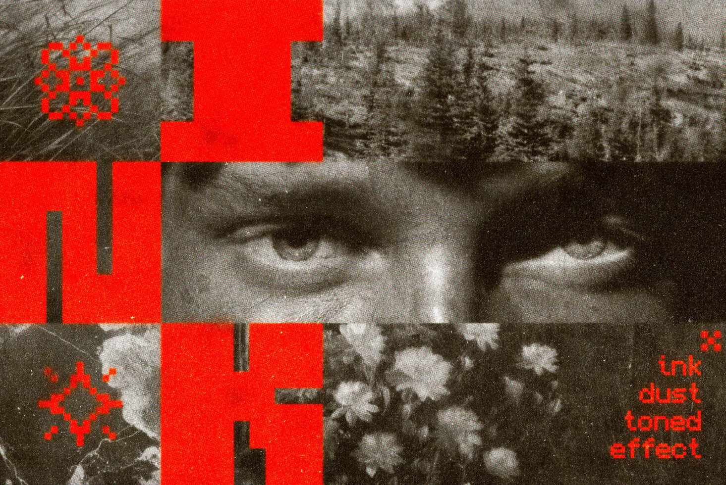 Bright red geometric shapes layered over grainy vintage nature photo with dust effect