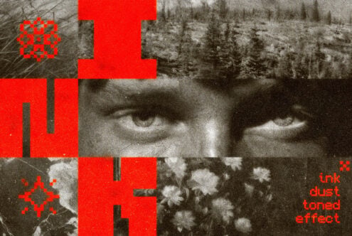 Bright red geometric shapes layered over grainy vintage nature photo with dust effect