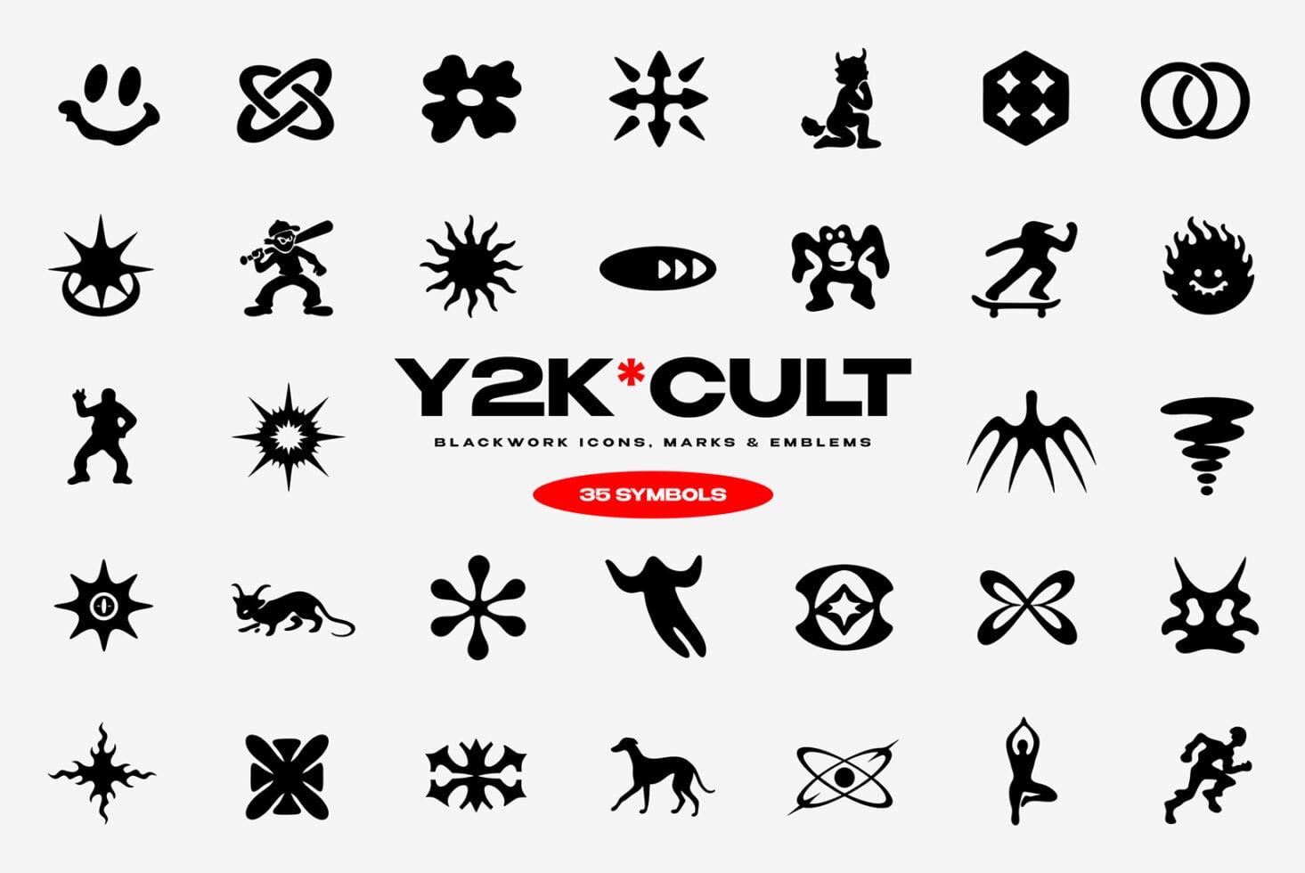 Y2K*CULT blackwork icon collection with 35 edgy symbols, marks, emblems for design projects