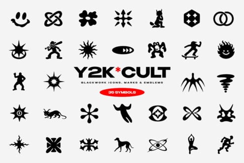 Y2K*CULT blackwork icon collection with 35 edgy symbols, marks, emblems for design projects