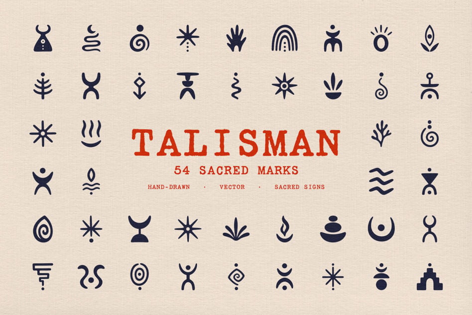 Talisman icon set with 54 hand-drawn sacred symbols in navy on cream background