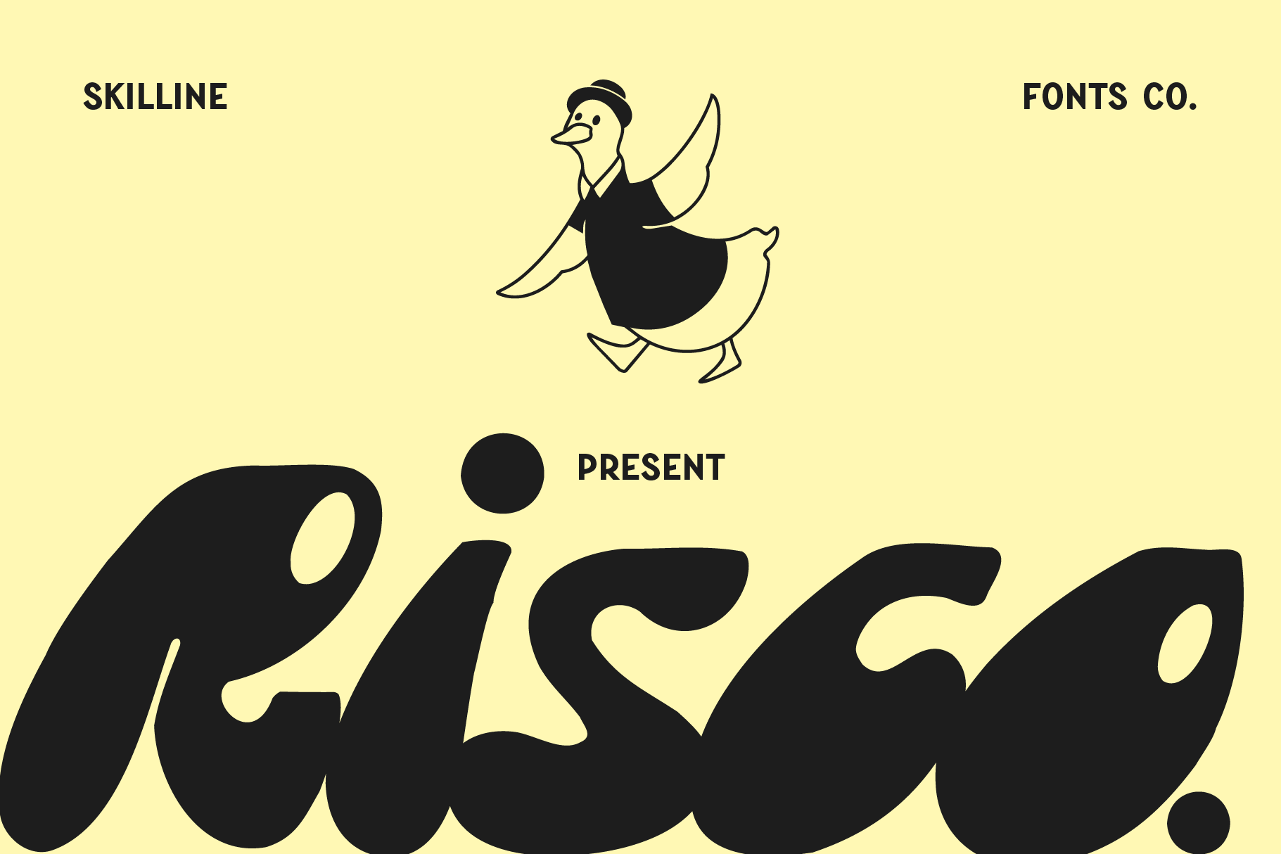 Playful duck character in bowler hat with "Present Pissoa" wavy typography on cream background