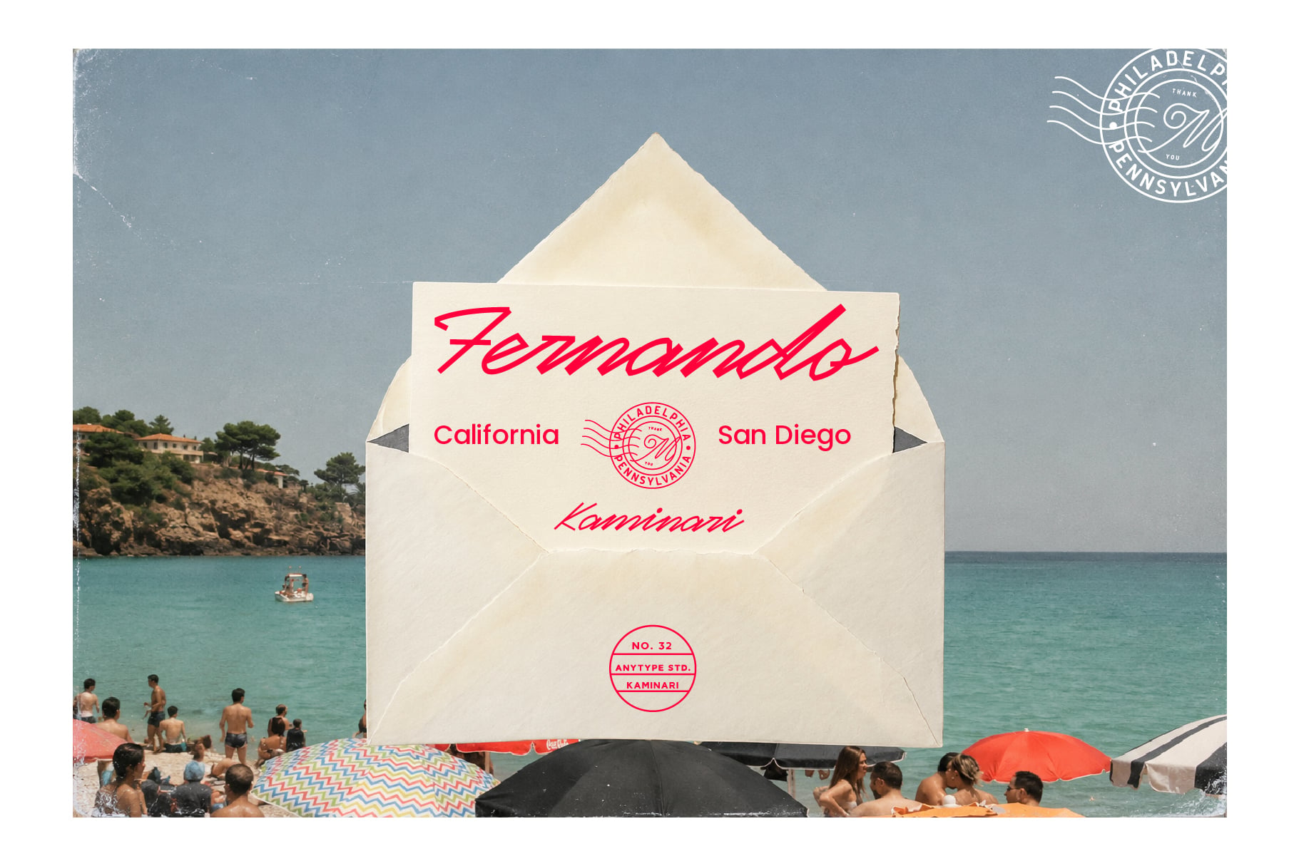 Vintage envelope mockup with red script lettering overlaid on a sunny beach scene