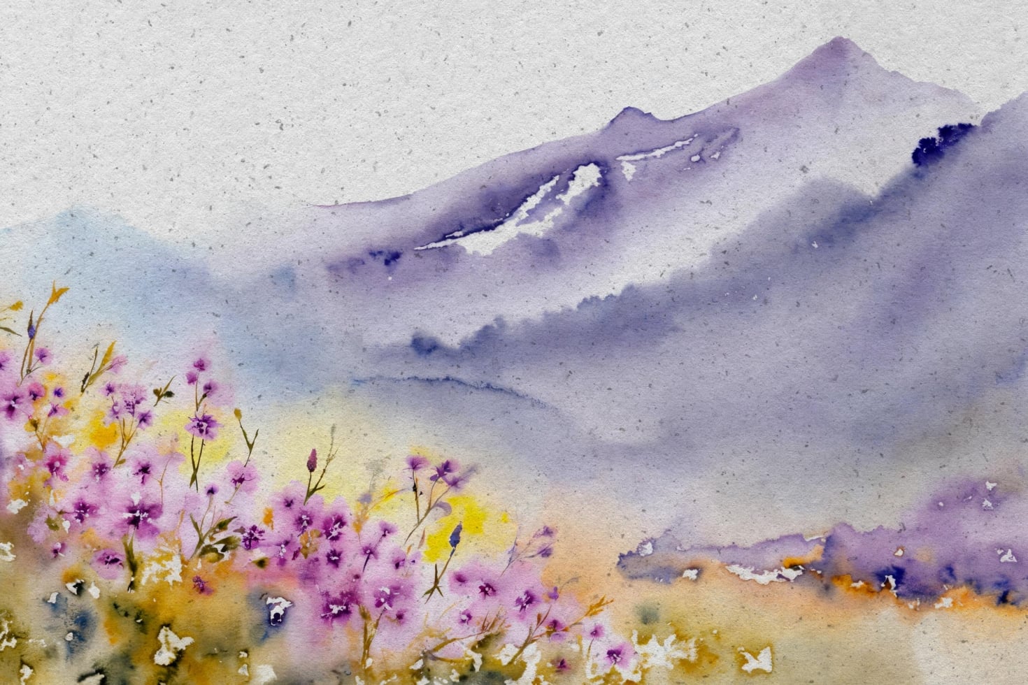 Watercolor landscape with misty purple mountains, wildflowers blooming in foreground