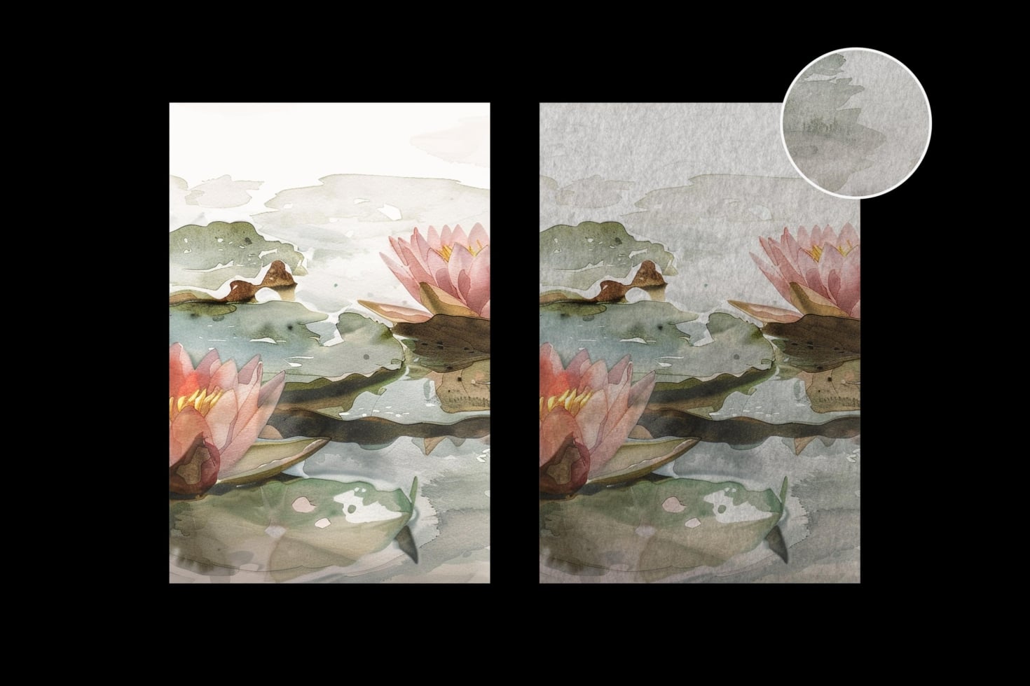 Watercolor pond scene with pink water lilies, fish, rocks, showing before texture overlay with closeup detail view