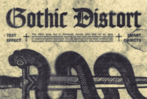 Gothic distort text effect with blurred print look, aged paper texture, ink bleed, worn decorative serpent border