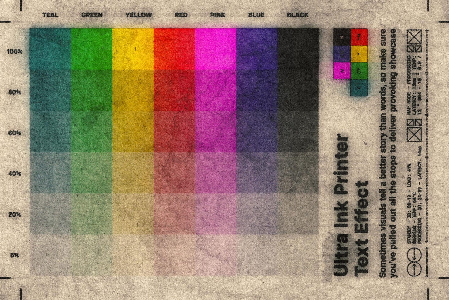 Ultra ink printer color density swatch showing teal through black at various opacity levels