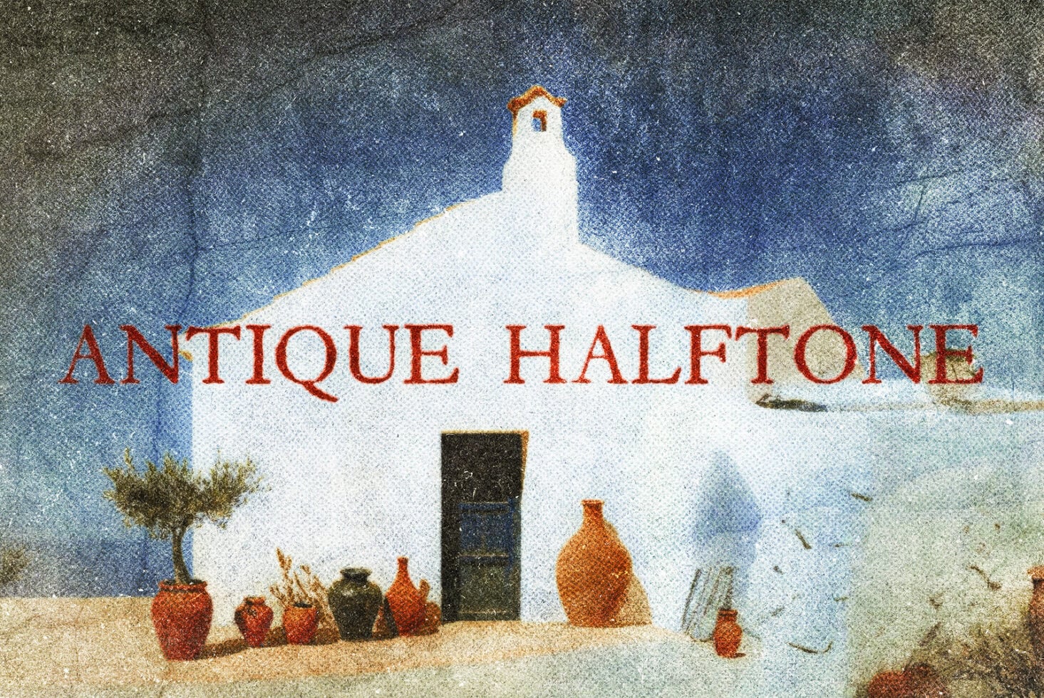 Whitewashed Mediterranean chapel with red text overlay, terracotta pots, textured halftone effect, coastal vibes