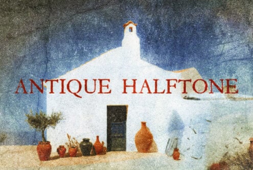 Whitewashed Mediterranean chapel with red text overlay, terracotta pots, textured halftone effect, coastal vibes