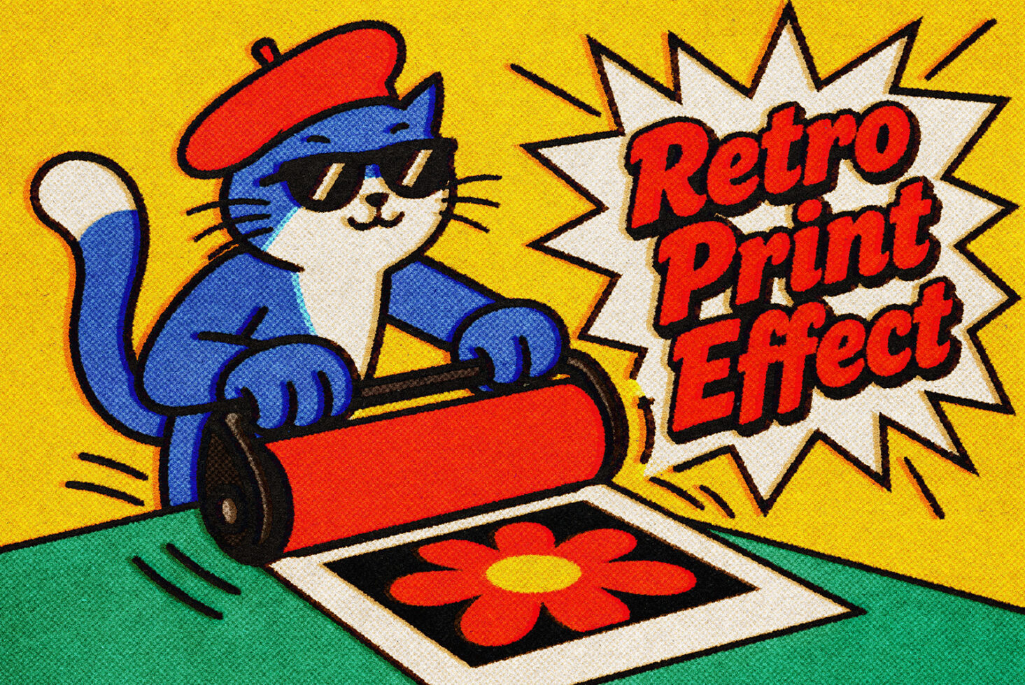 Cool cat in beret rolling a paint roller with retro pop art vibes, bright yellow background