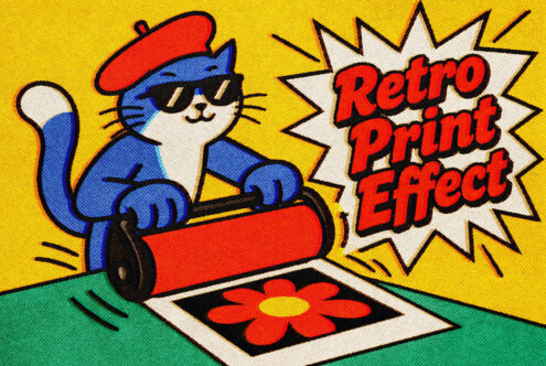 Cool cat in beret rolling a paint roller with retro pop art vibes, bright yellow background