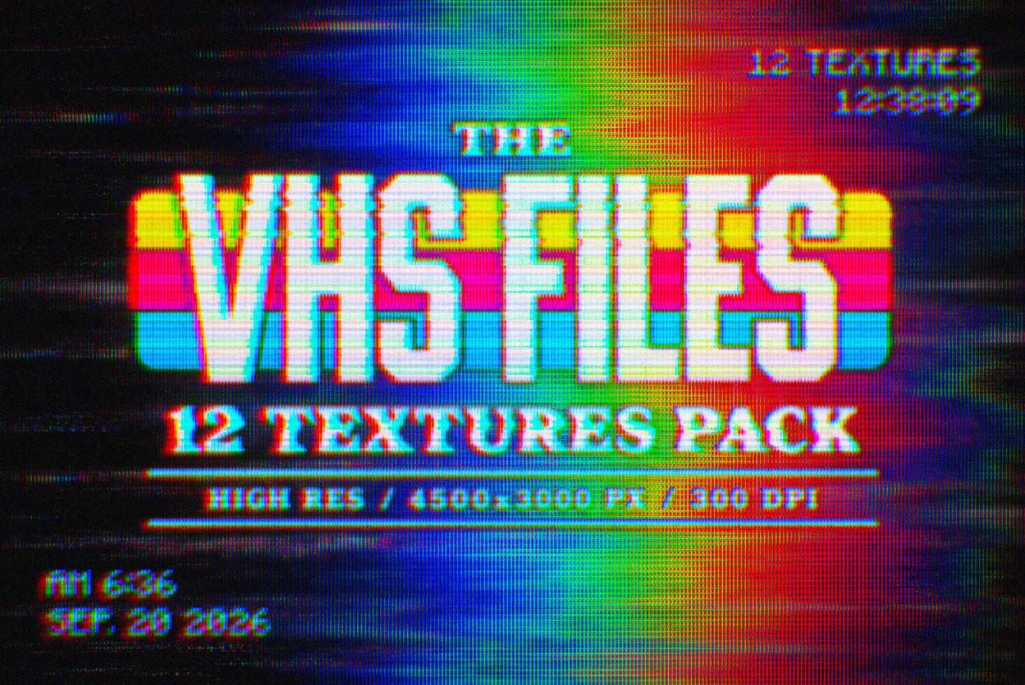 Neon Y2K glitch texture pack with bold rainbow scanlines, pixelated distortion over dark background
