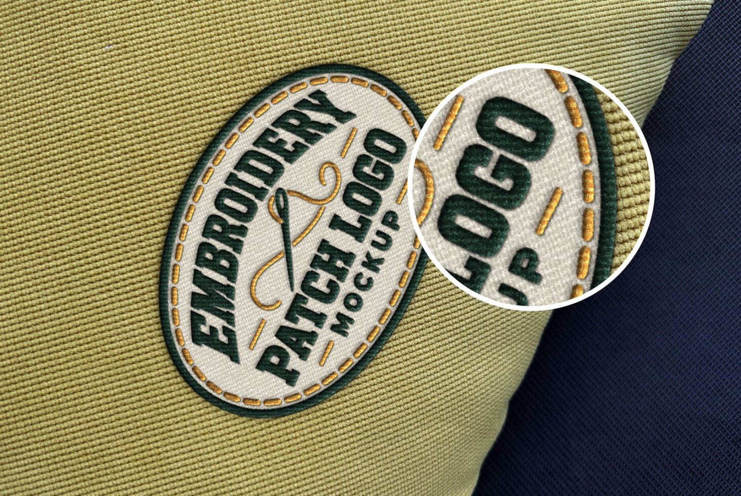 Embroidered patch mockup on fabric with close-up detail showing stitched text, gold trim