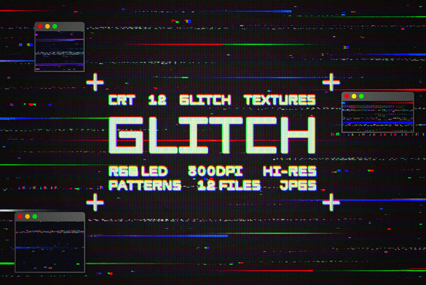 CRT 1.2 glitch textures with RGB LED patterns, 800DPI hi-res, 12 files JPEGS