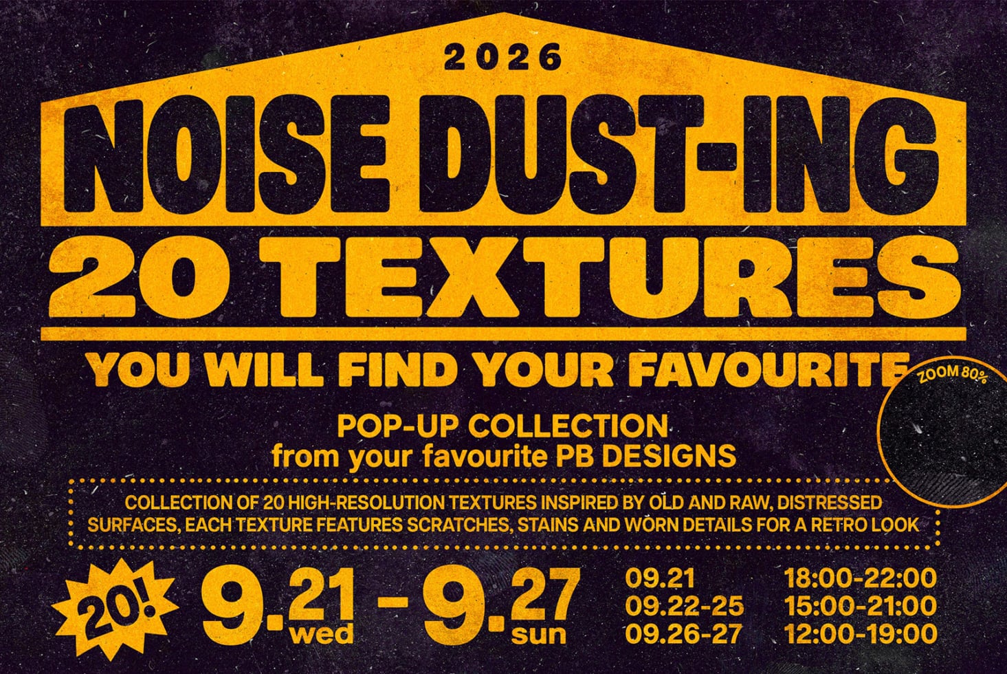 Retro movie poster for 20 grungy texture collection with bold yellow type on dark background