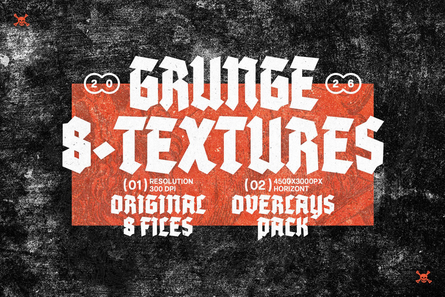 Grunge texture pack with bold white lettering on distressed red banner, specs listed below