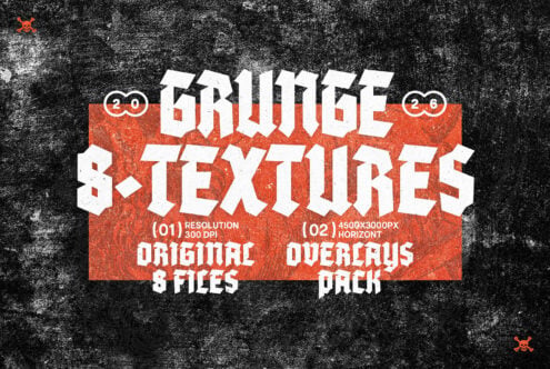 Grunge texture pack with bold white lettering on distressed red banner, specs listed below