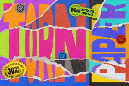 Colorful ripped paper texture pack with neon stripes, smiley icons, torn edges, 30 PNG files included