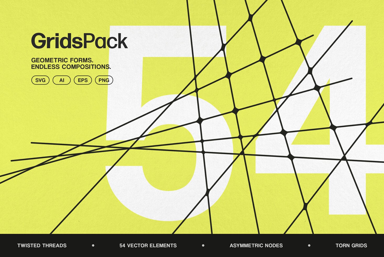 GridsPack with geometric forms, black lines, white circles on bright yellow background, vector elements