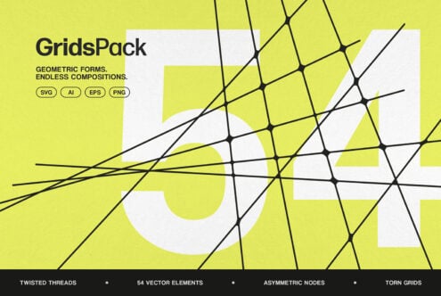 GridsPack with geometric forms, black lines, white circles on bright yellow background, vector elements