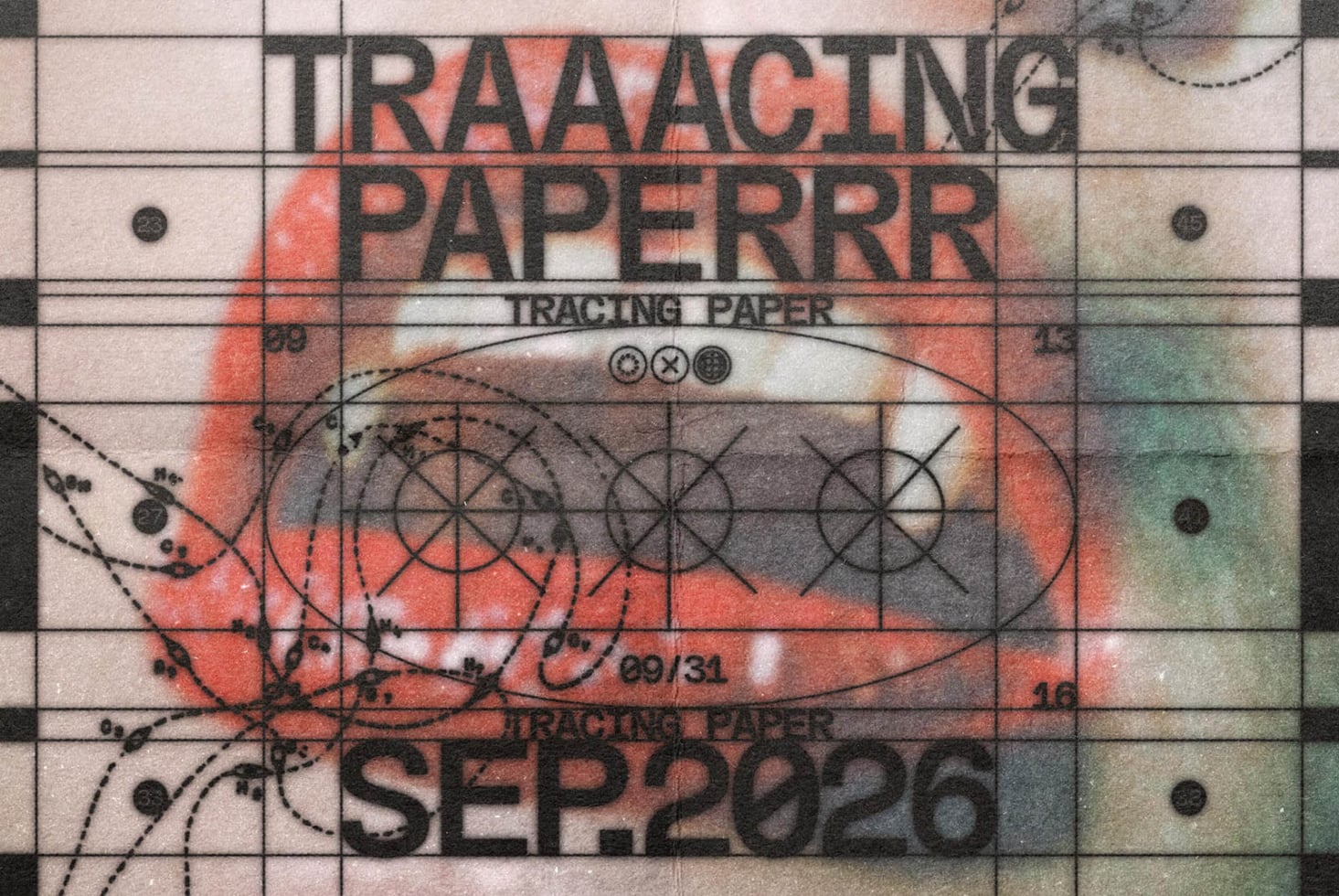Vintage tracing paper texture with grid overlay, botanical sketches, red color block, worn archival look