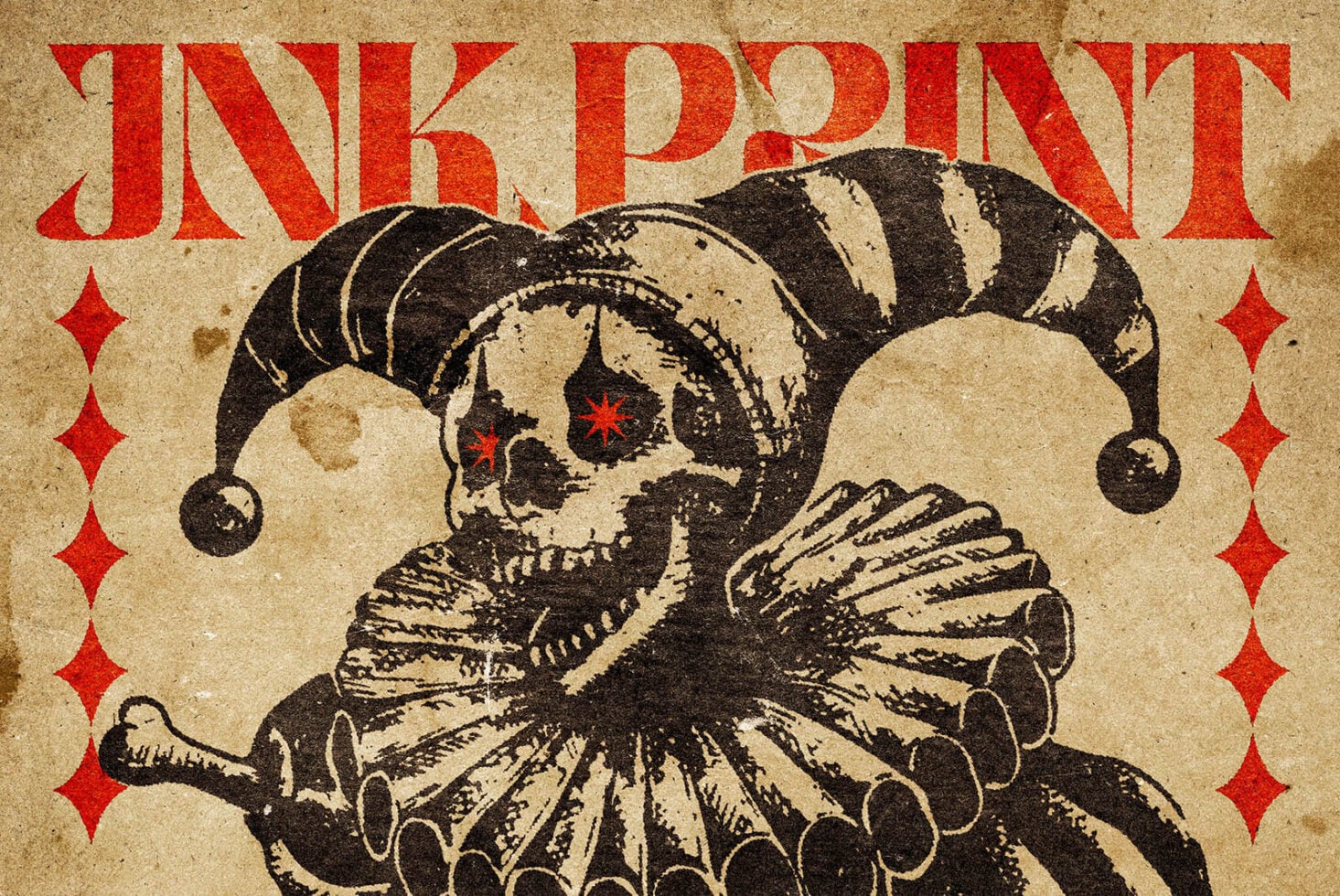 Vintage carnival poster with jester skull wearing striped hat, red text, distressed paper texture