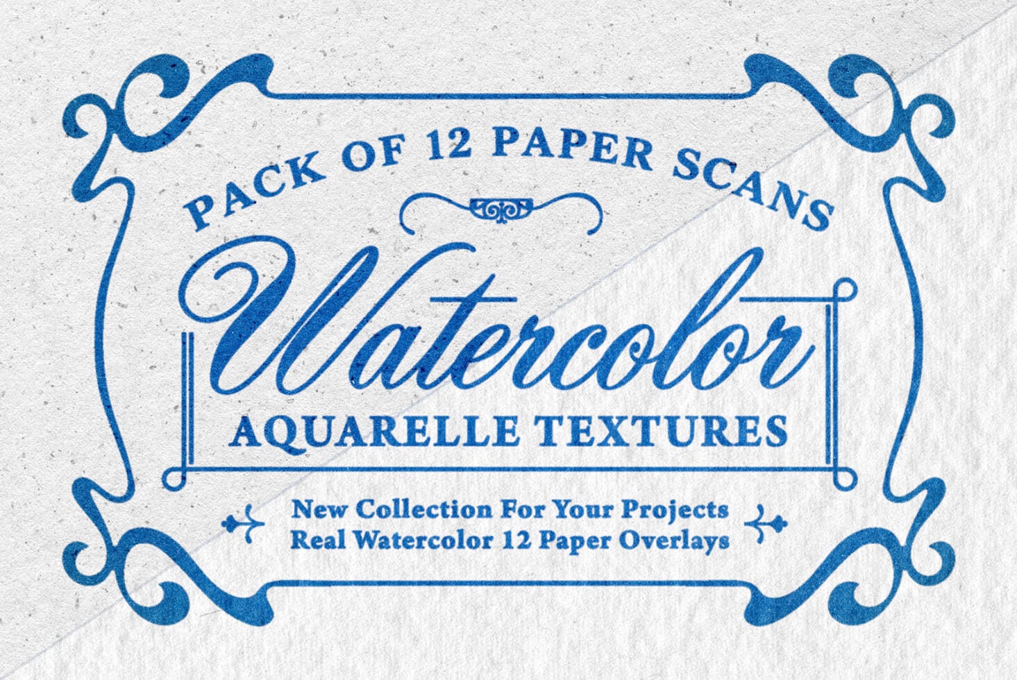 Vintage blue watercolor paper scan pack with ornate flourish border on textured white background